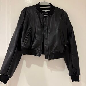 Zara Leather Black Bomber Jacket for Women